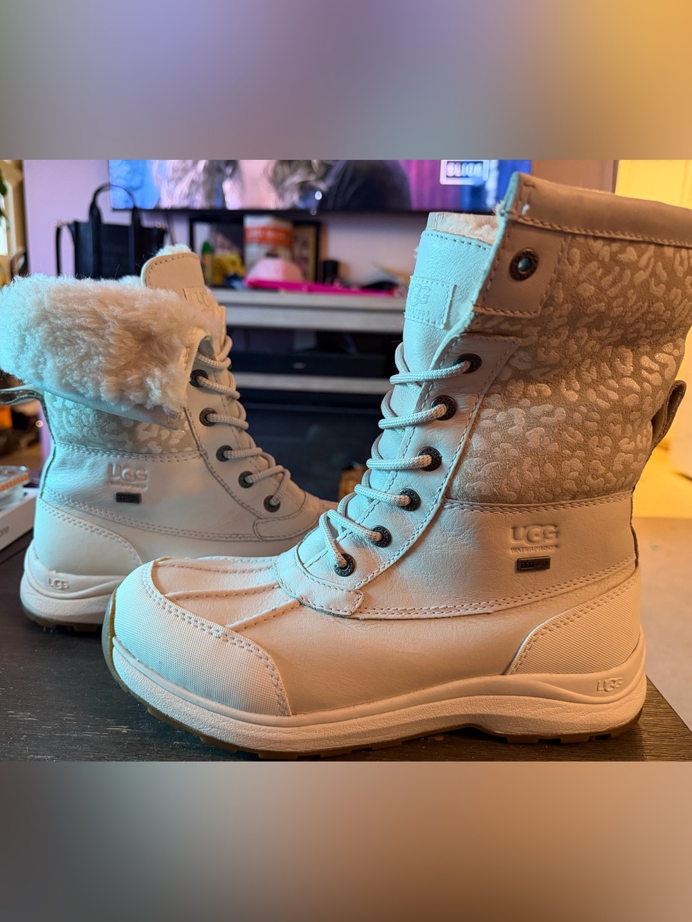 UGG Women's Adirondack III Snow Leopard Lace-Up Winter Boots with Shearling Cuff